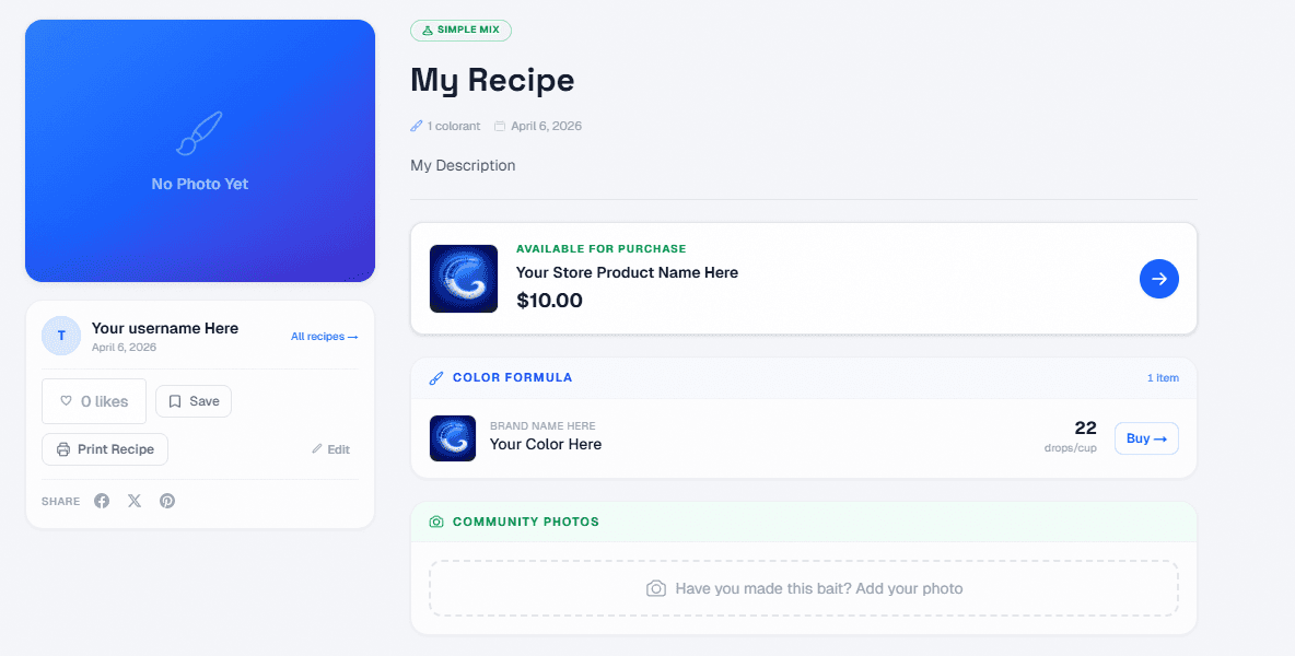 Published recipe page with a linked Shopify product card showing price and buy button