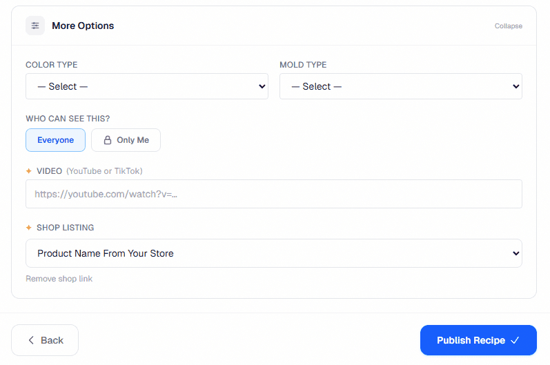 Recipe editor showing the Shop Listing dropdown for linking a Shopify product