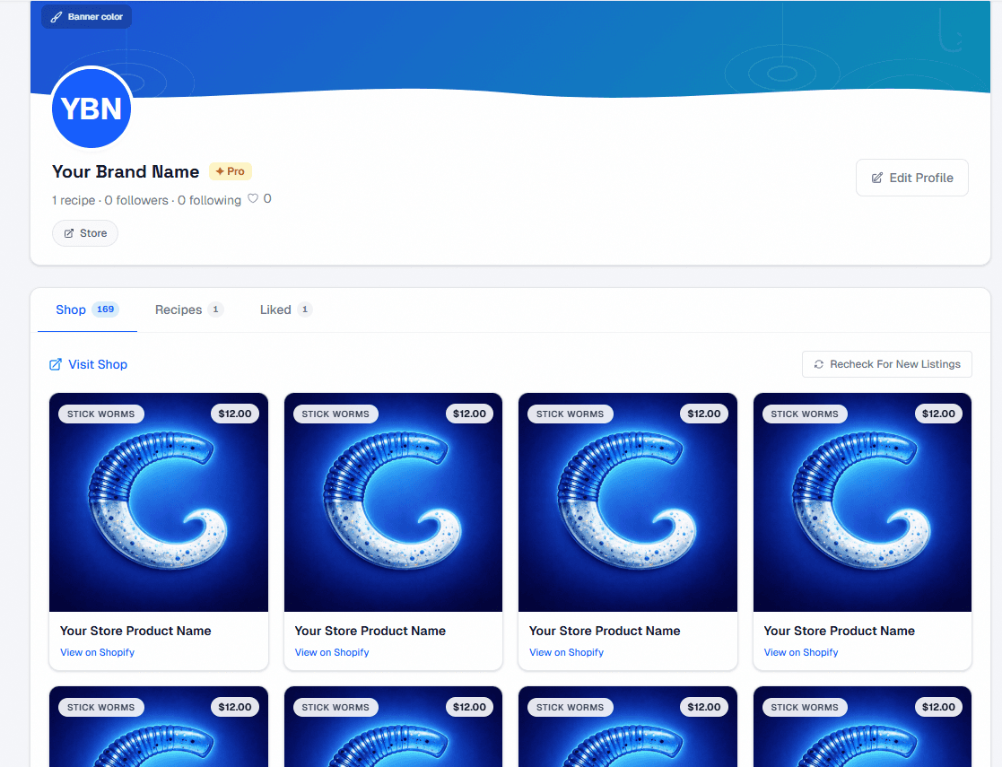 Store tab on a ColorForBaits Pro profile showing synced Shopify products