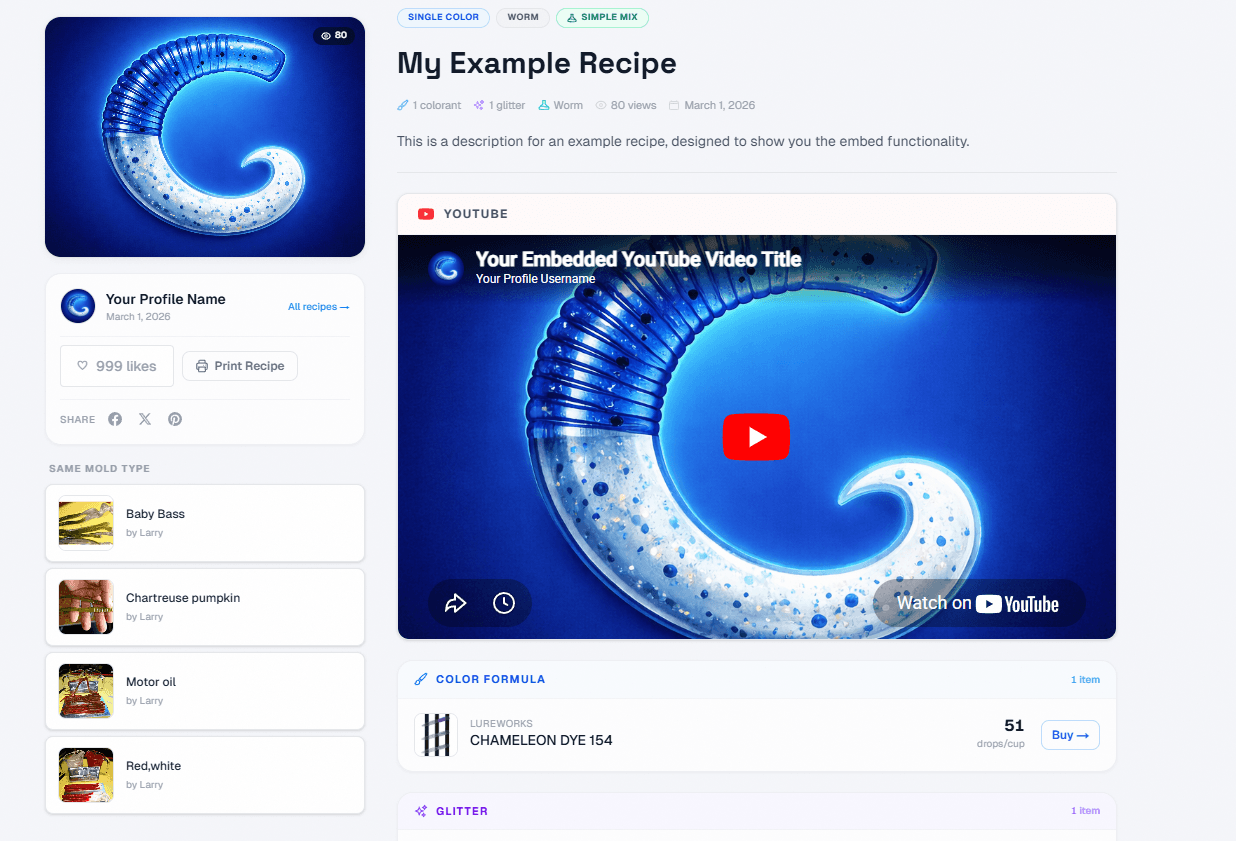 Recipe page with an embedded YouTube video showing the bait-making process